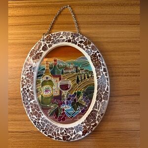 VINTAGE Hand Painted Glass in Frame Wine Cheese Beautiful Wall Decor!
